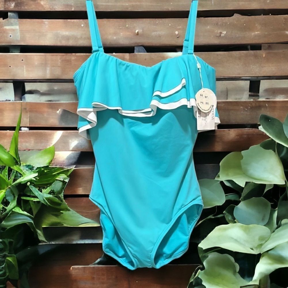 COCO REEF Contours Ruffled Strapless Tummy-Control One-Piece Swimsuit 36D, Aqua
